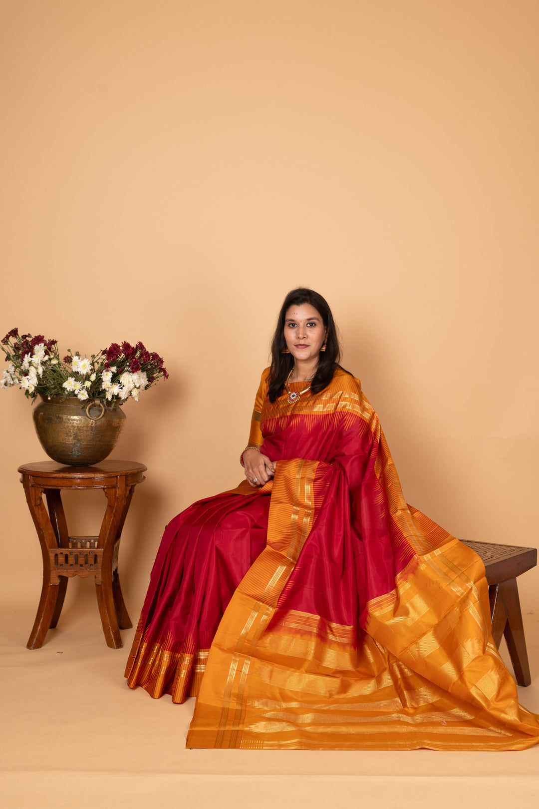 Apple red and Gamboge yellow Pure Kanchi silk saree)