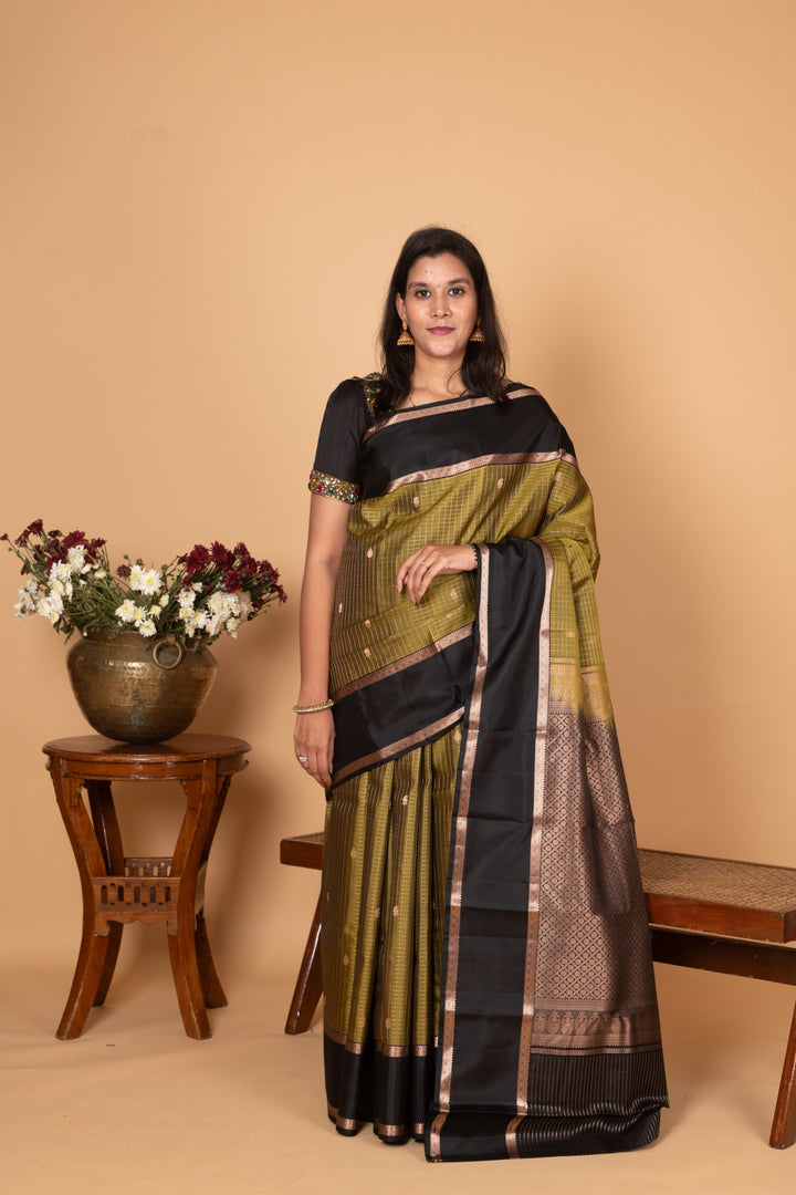 Olive green and Black Retta Patta Border Pure Kanchi silk saree