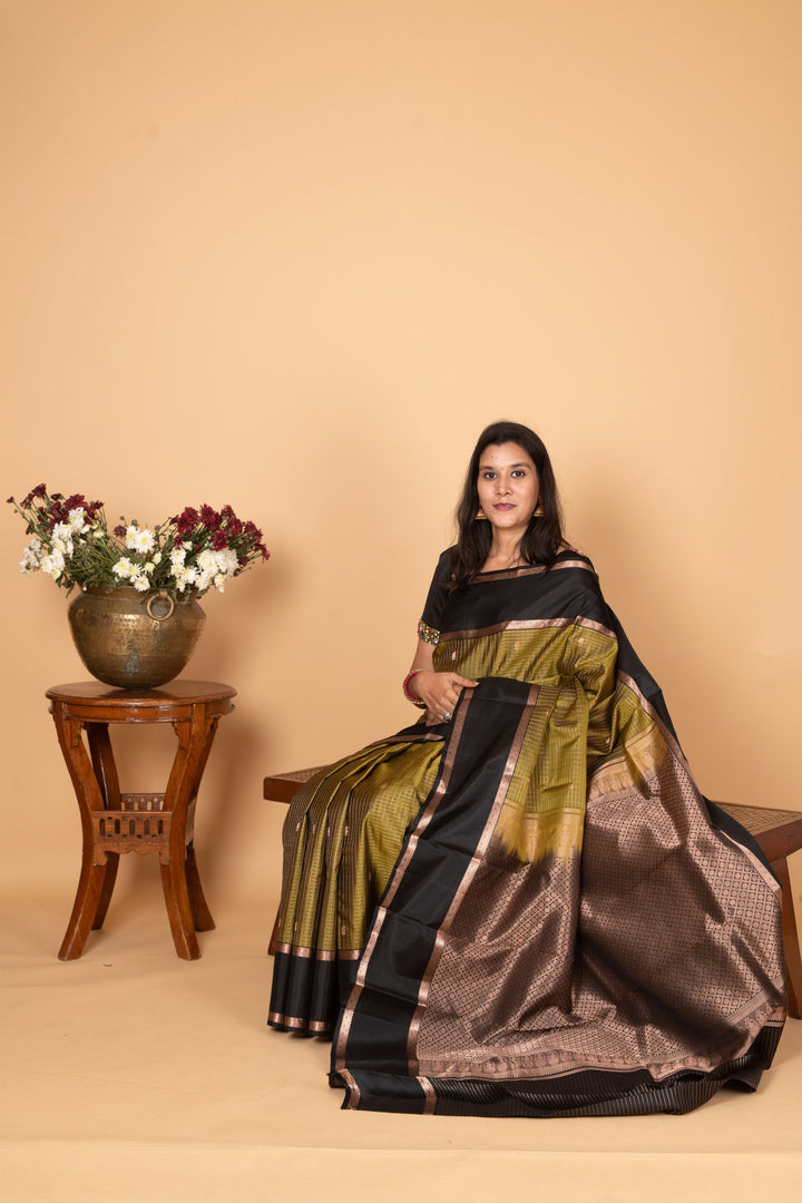 Olive green and Black Retta Patta Border Pure Kanchi silk saree
