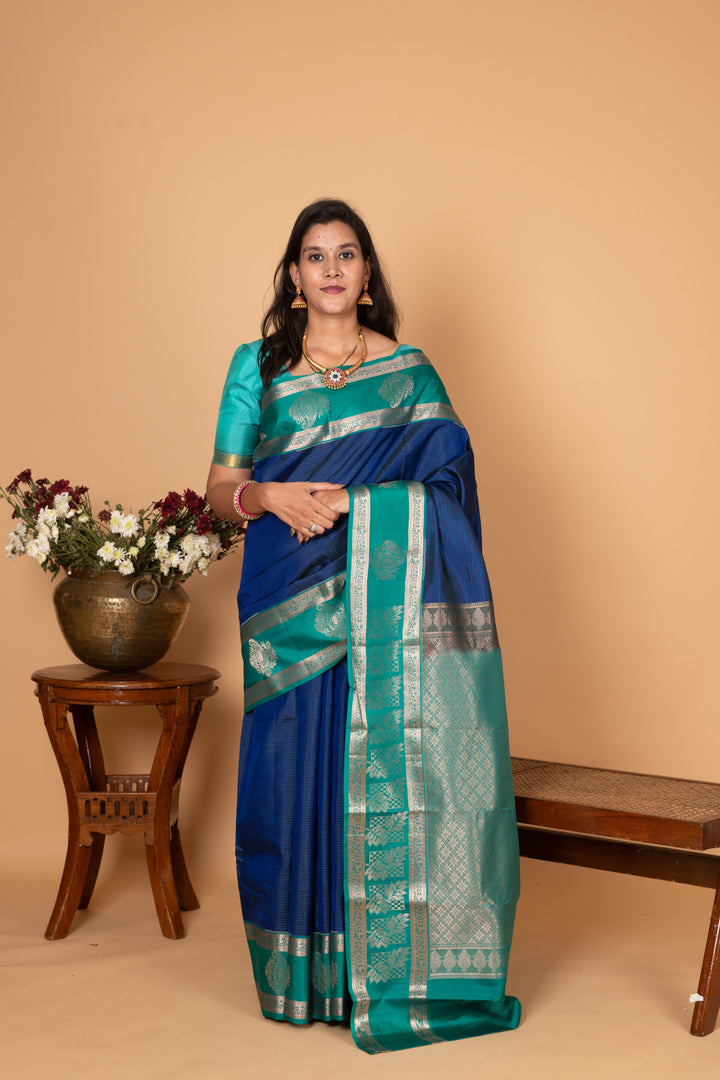 Peacock Blue and Teal green Checked pure silk saree