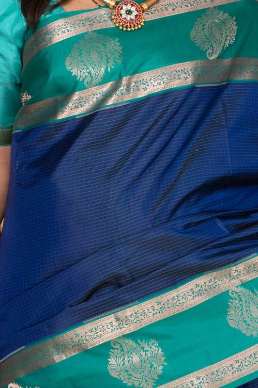 Peacock Blue and Teal green Checked pure silk saree