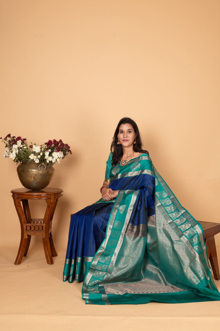 Peacock Blue and Teal green Checked pure silk saree