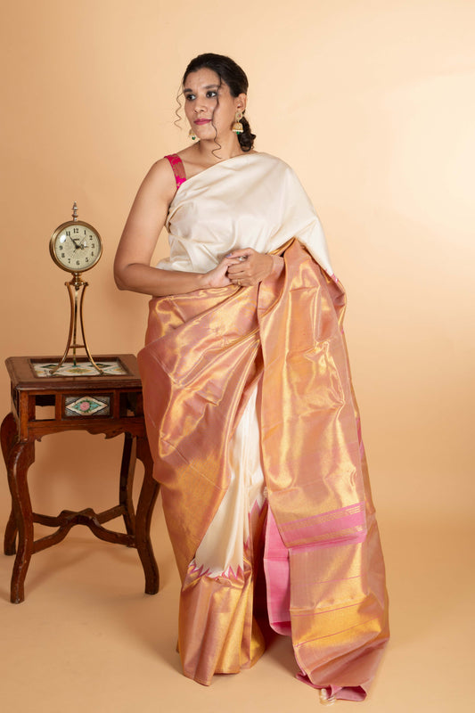 offwhite pink raising border kanjivaram silk saree