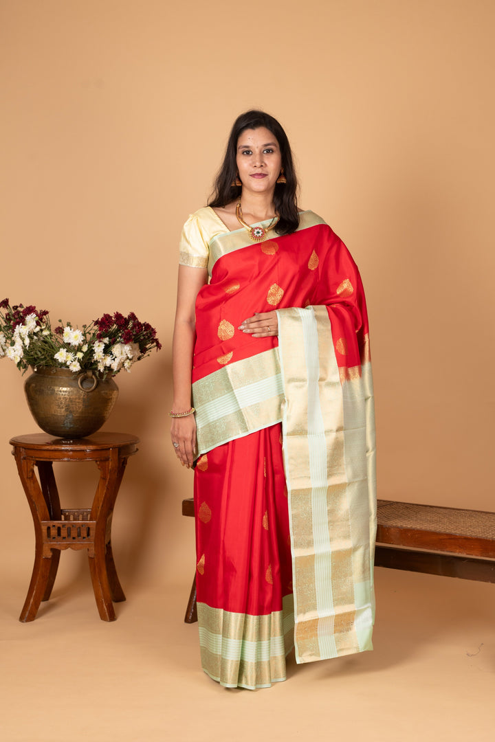 Chilli Red and Pastel green Korvai Pure silk saree