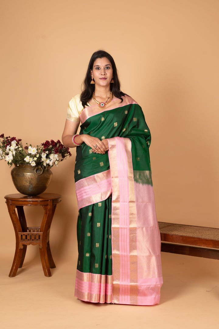 Bottle Green and Baby Pink Butta Pure silk saree
