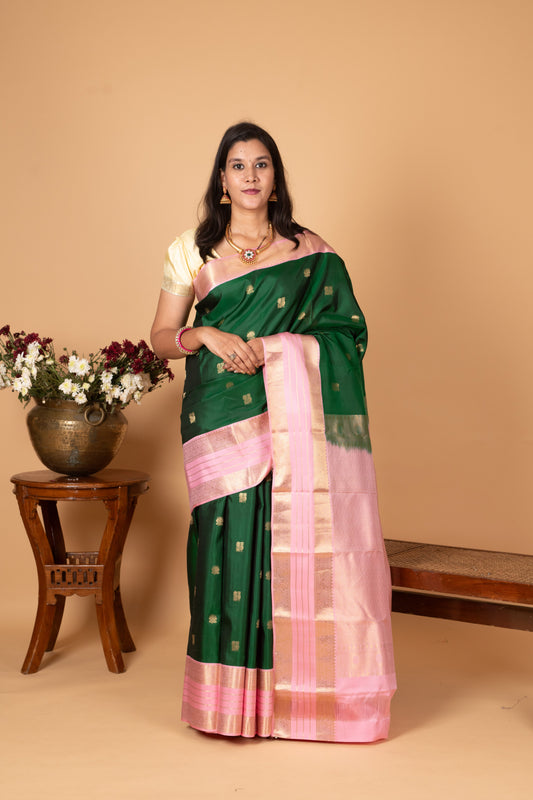 Bottle Green and Baby Pink Butta Pure silk saree