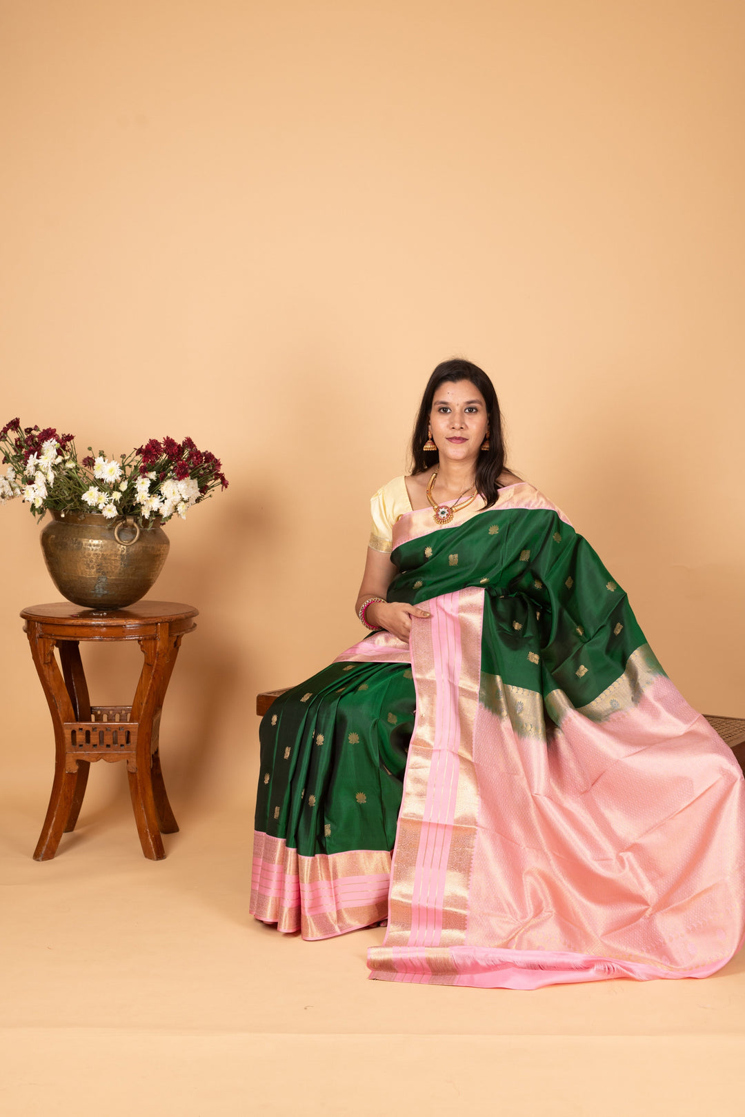 Bottle Green and Baby Pink Butta Pure silk saree