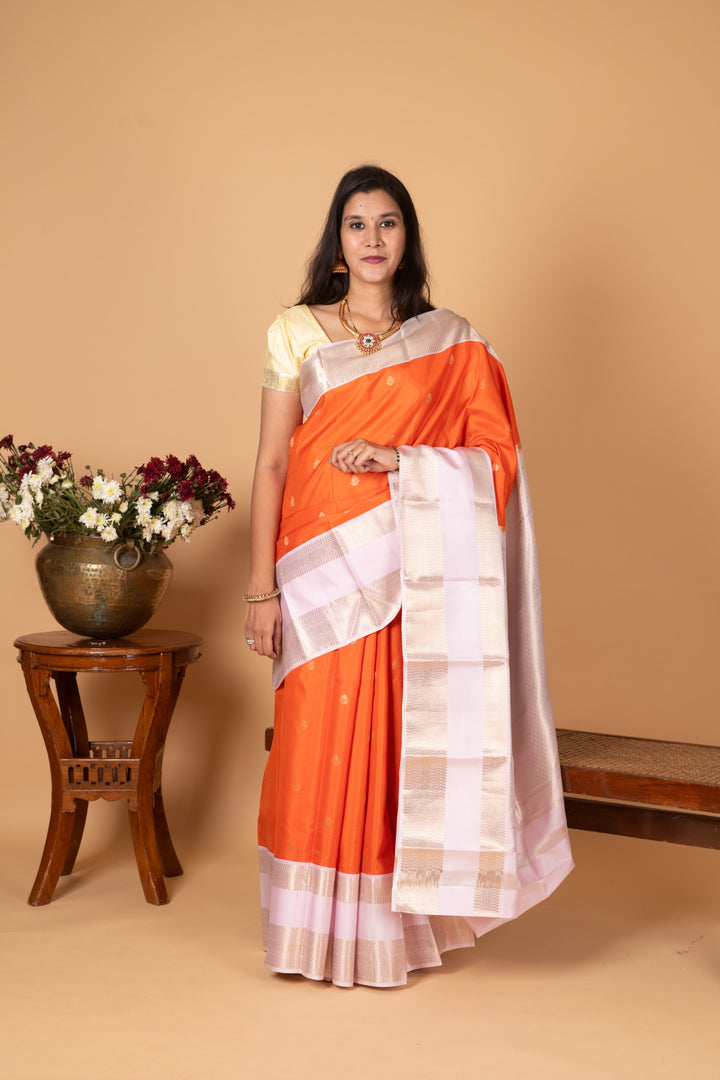 Bright Orange and Powder pink Retta Patta Border Pure Kanchi silk saree