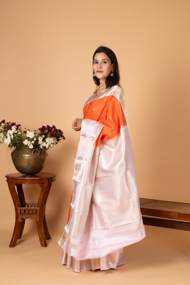 Bright Orange and Powder pink Retta Patta Border Pure Kanchi silk saree