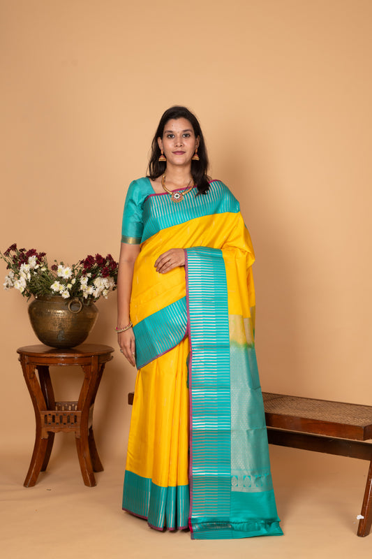 Bright yellow and Turquoise blue Pure Kanchi silk saree