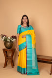 Bright yellow and Turquoise blue Pure Kanchi silk saree