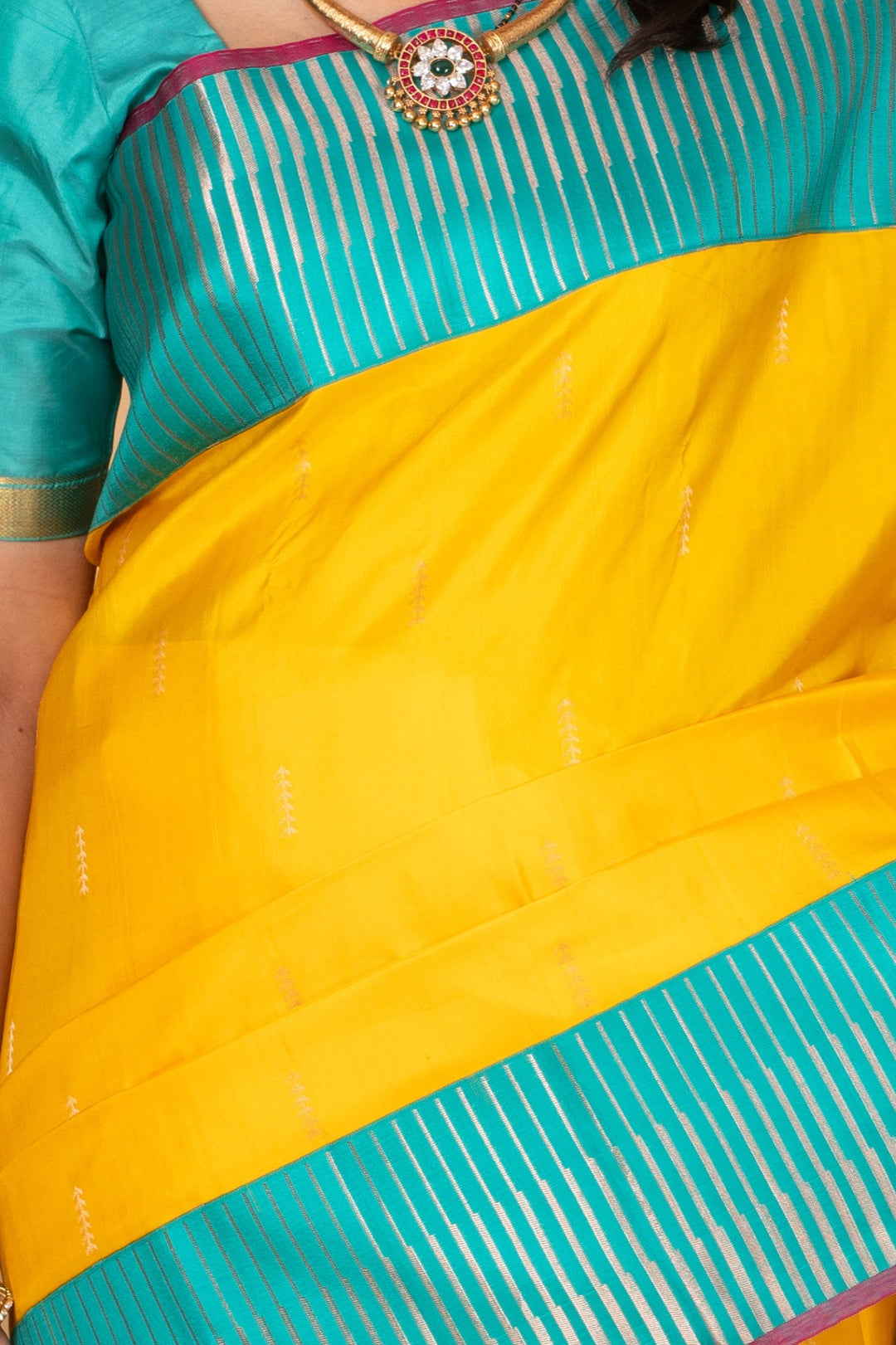 Bright yellow and Turquoise blue Pure Kanchi silk saree