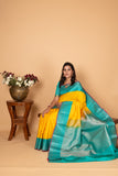 Bright yellow and Turquoise blue Pure Kanchi silk saree