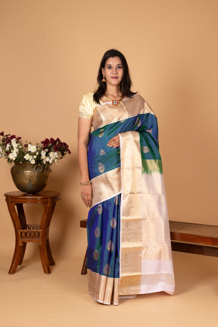 Peacock Blue and Powder pink Butta Pure silk saree