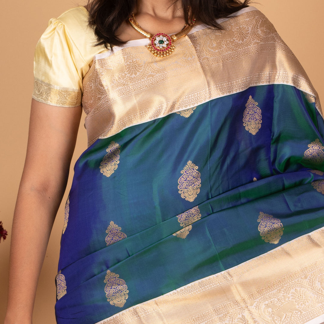 Peacock Blue and Powder pink Butta Pure silk saree
