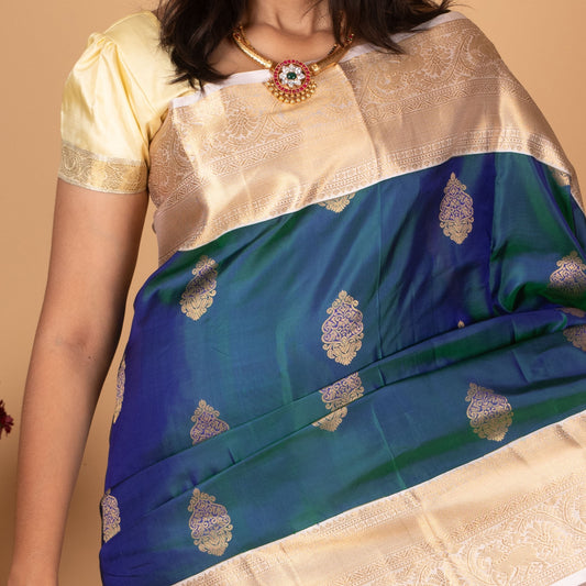 Peacock Blue and Powder pink Butta Pure silk saree