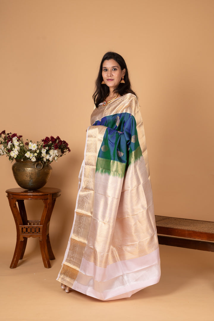 Peacock Blue and Powder pink Butta Pure silk saree