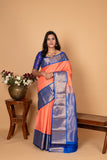 Salmon Pink and Cobalt Blue Korvai Pure Kanchi silk saree