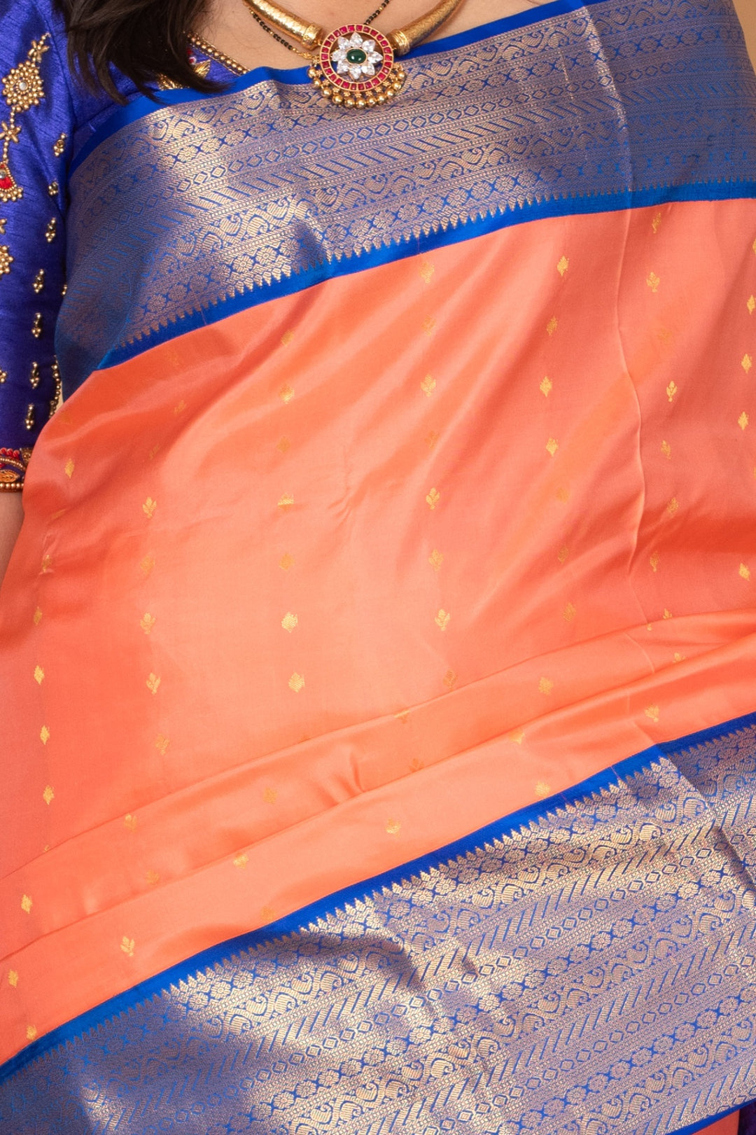 Salmon Pink and Cobalt Blue Korvai Pure Kanchi silk saree