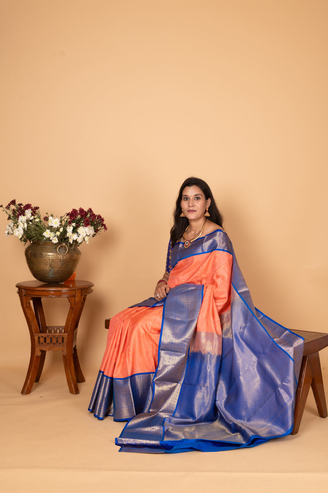 Salmon Pink and Cobalt Blue Korvai Pure Kanchi silk saree