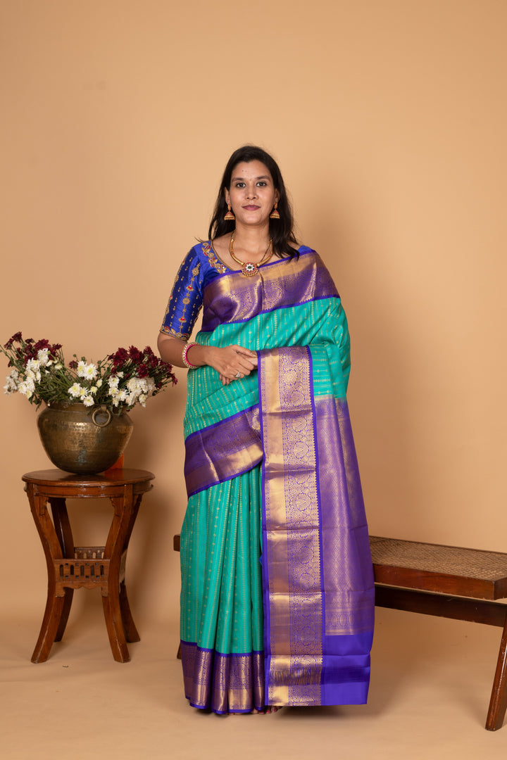 Turquoise blue and Cobalt Blue Korvai pure kanchi silk saree