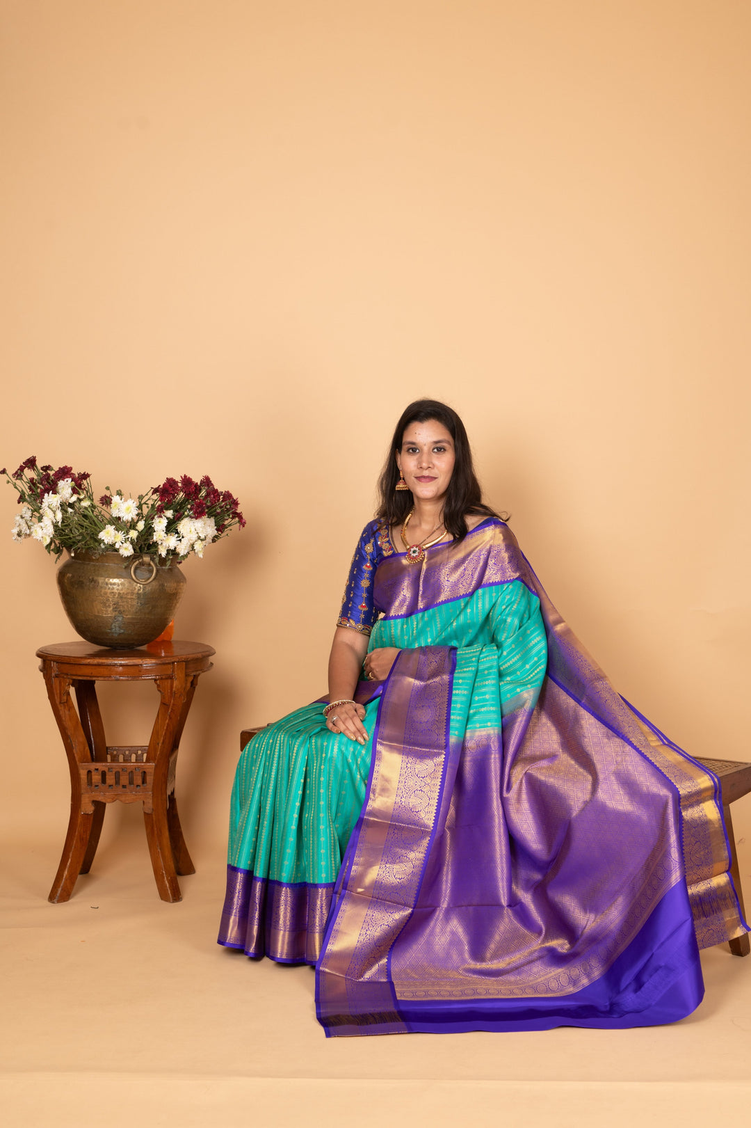 Turquoise blue and Cobalt Blue Korvai pure kanchi silk saree