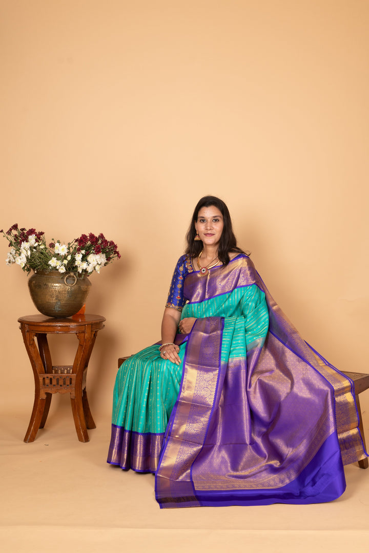 Turquoise blue and Cobalt Blue Korvai pure kanchi silk saree