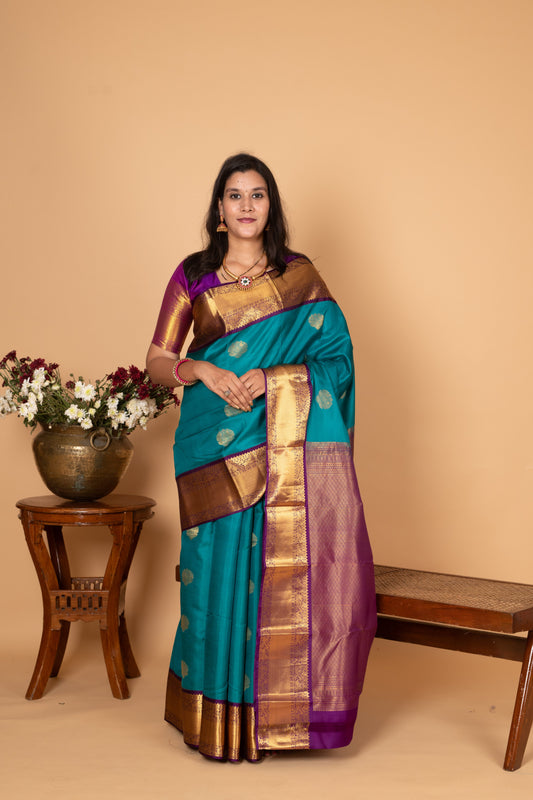 Teal green and Purple Pure kanchi silk saree