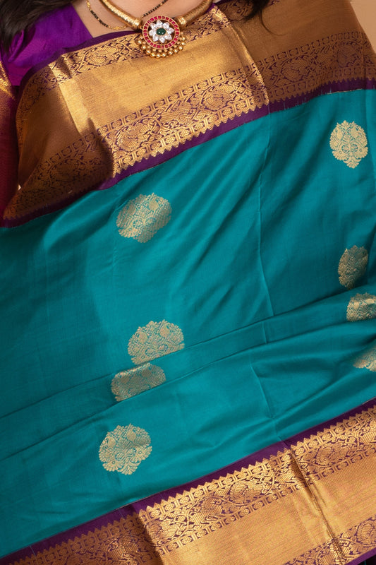 Teal green and Purple Pure kanchi silk saree