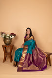 Teal green and Purple Pure kanchi silk saree