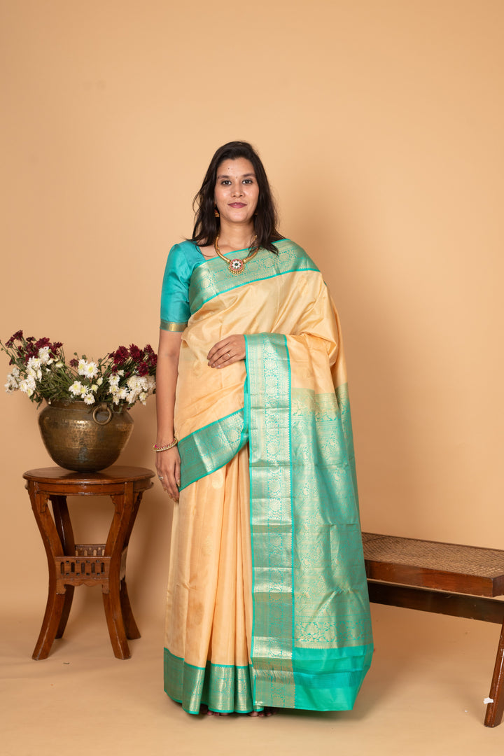 Linen White and Turquoise blue Butta Pure kanchi silk saree