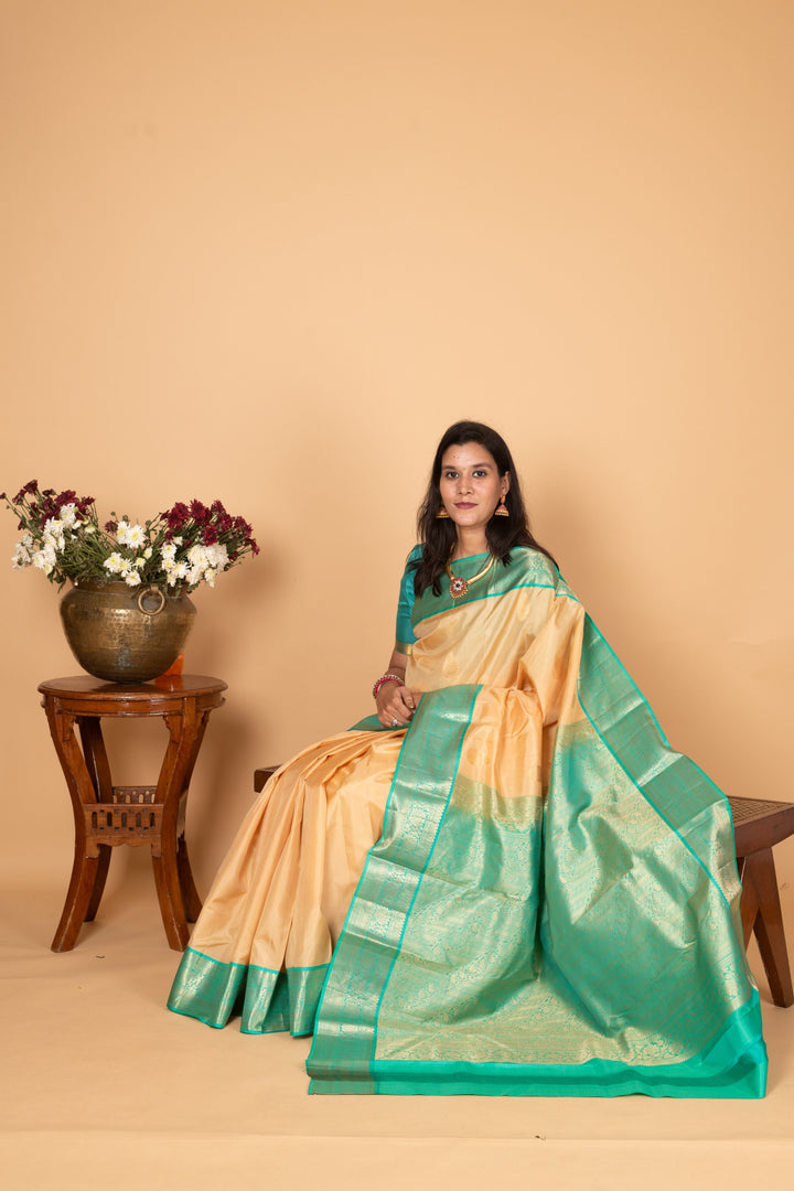 Linen White and Turquoise blue Butta Pure kanchi silk saree