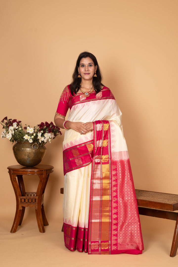 Egg Shall white and Pink Traditional Pure Kanchi silk saree