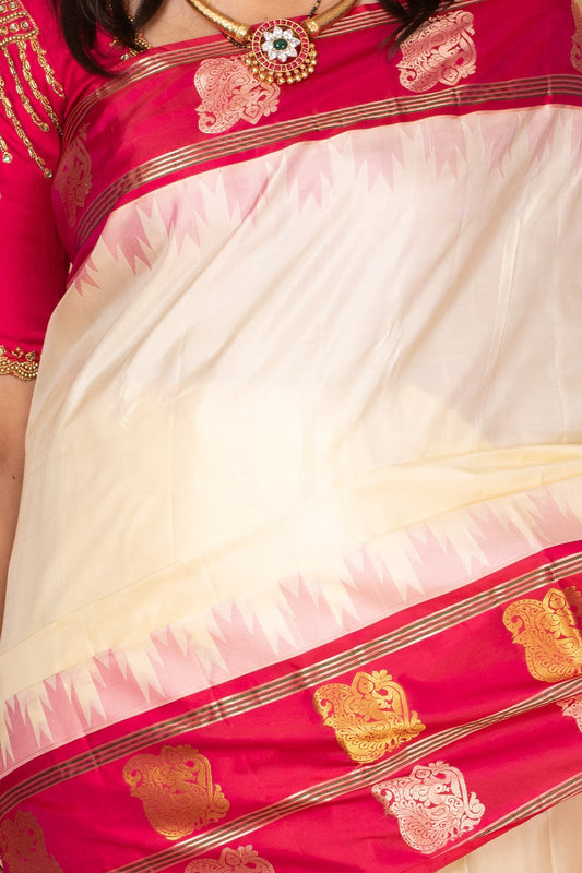 Egg Shall white and Pink Traditional Pure Kanchi silk saree