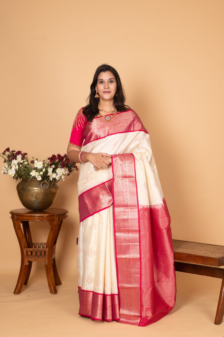 Egg Shall white and Pink Checked Pure kanchi silk saree