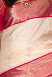Egg Shall white and Pink Checked Pure kanchi silk saree