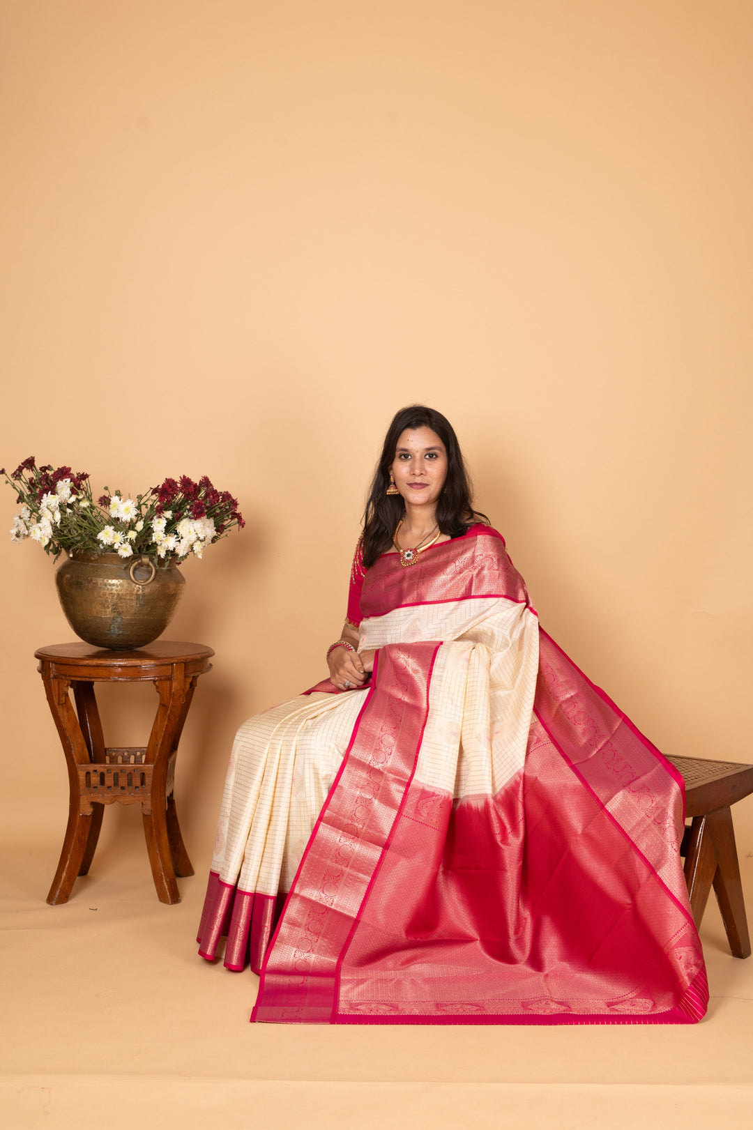 Egg Shall white and Pink Checked Pure kanchi silk saree