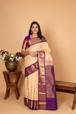Bone White and Blue Violet Butta Pure kanchi silk saree