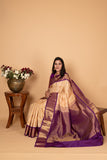 Bone White and Blue Violet Butta Pure kanchi silk saree