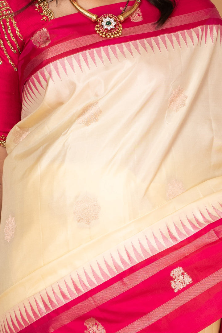 Egg Shall white and Pink Traditional Pure kanchi silk saree