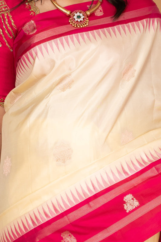 Egg Shall white and Pink Traditional Pure kanchi silk saree