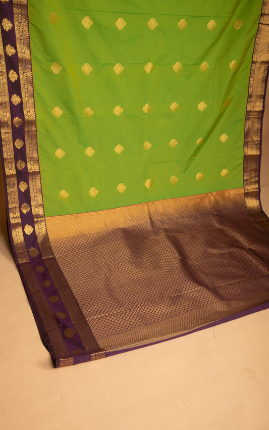 Lawn green and purple semi silk saree