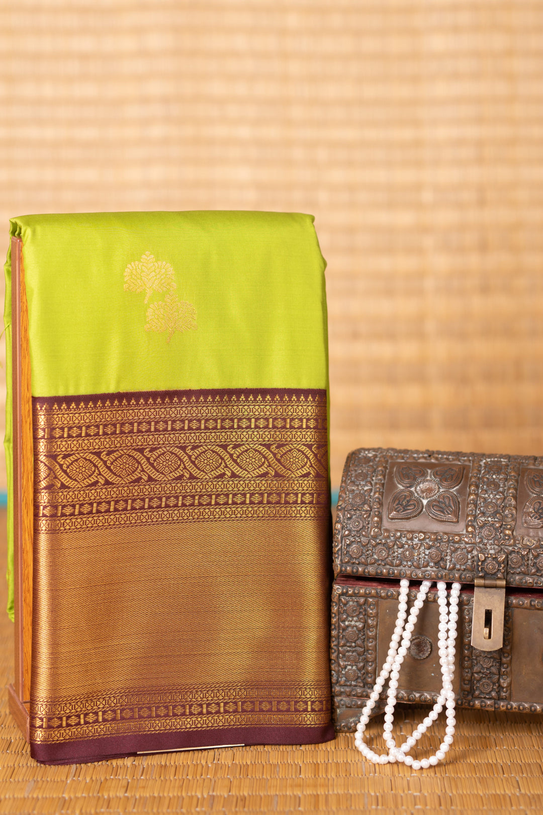 Pear green and Brown semi silk saree