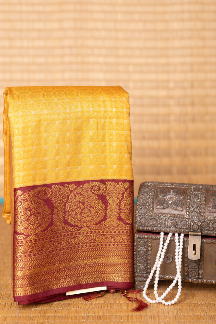 Golden Yellow and Maroon Kanchi Ganga Jamuna soft silk saree