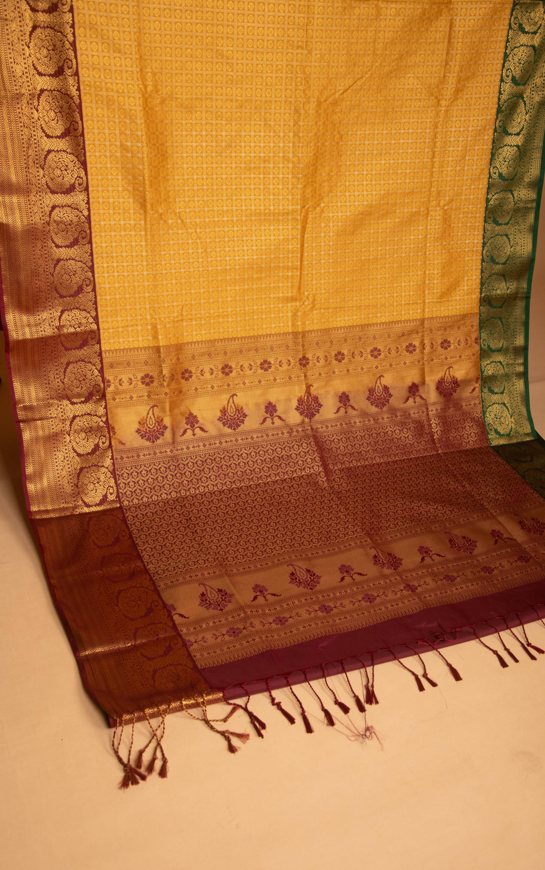 Golden Yellow and Maroon Kanchi Ganga Jamuna soft silk saree