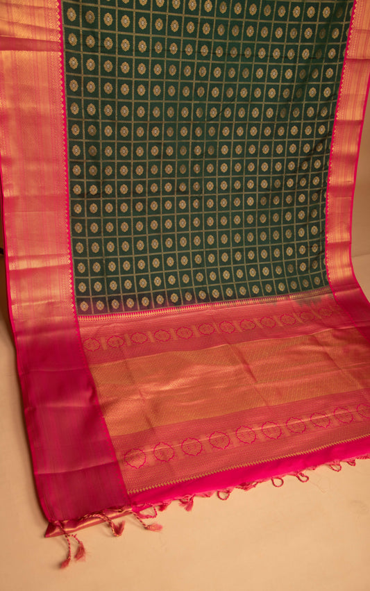 Bottle Green and Pink kanchi soft silk saree