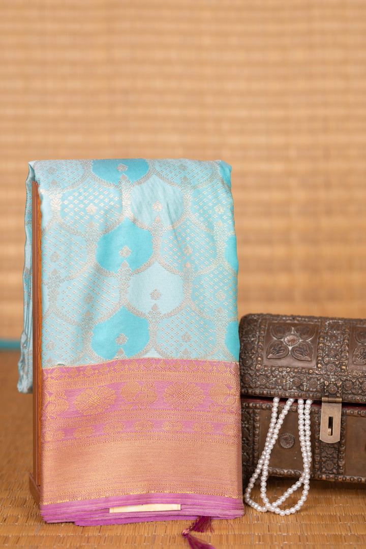 Baby Blue and purple kanchi soft silk saree