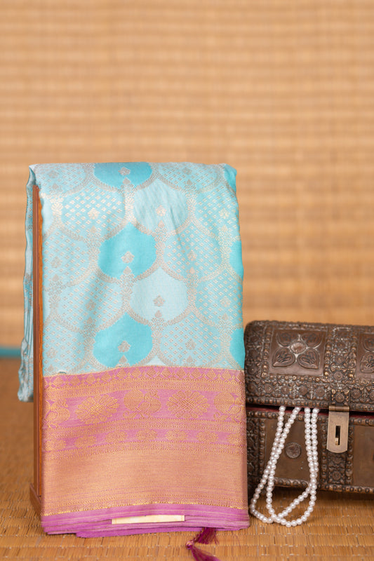 Baby Blue and purple kanchi soft silk saree