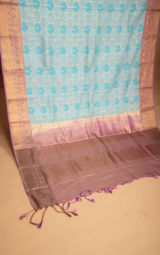 Baby Blue and purple kanchi soft silk saree