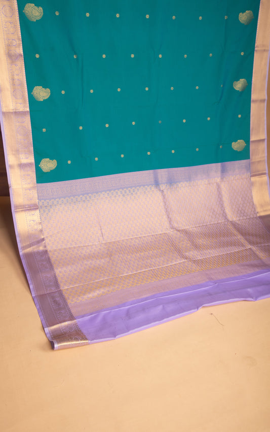 Dual tone Teal blue and Lilac Lavender Semi silk saree